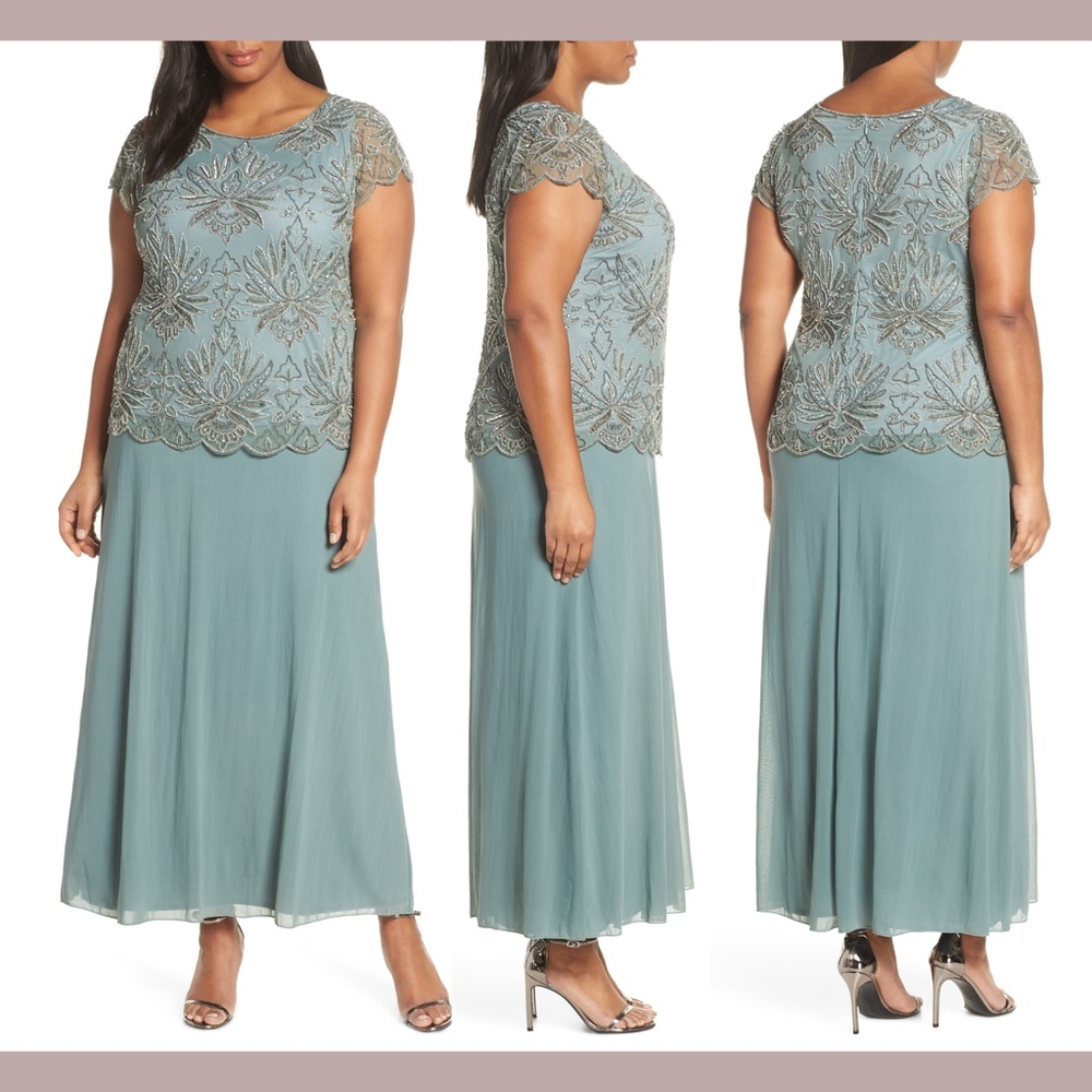 NEW Pisarro Nights Embellished Mesh Bodice Evening Dress in Sage [SZ 16W ]‎